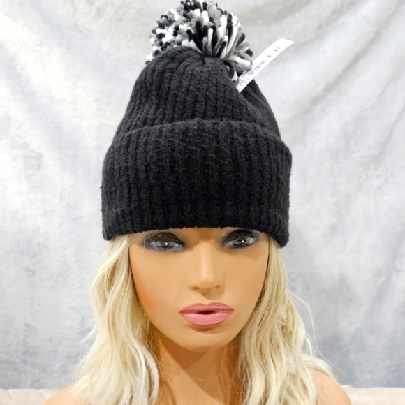 Detachable or Interchangeable Two Pom Beanie Cuffed Winter Knit Hat in Black - Picture 2 of 8